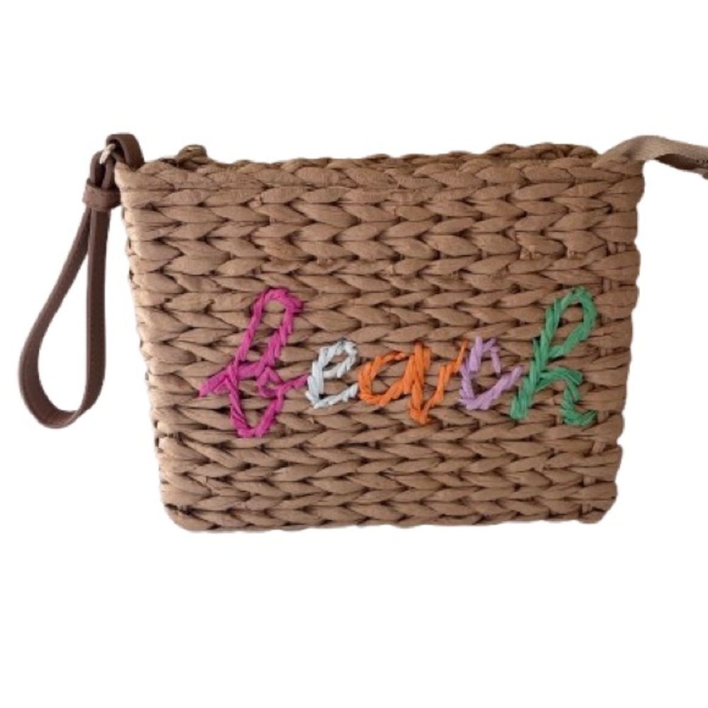 Beach Embroidered Straw Wristlet, Pastel Vacation Clutch